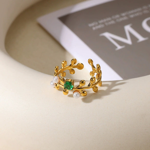 Wholesale Stainless Steel Imitation Pearl Zircon Leaf Ring For Men And Women