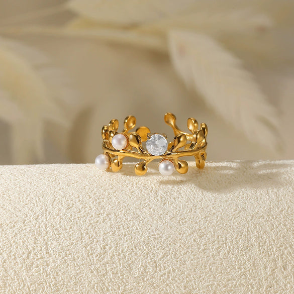Wholesale Stainless Steel Imitation Pearl Zircon Leaf Ring For Men And Women