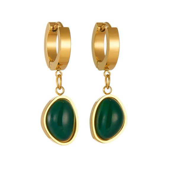 Wholesale Stainless Steel Inlaid Emerald Oval Geometric Pendant Earrings For Women Electroplated Retro Fashion Style