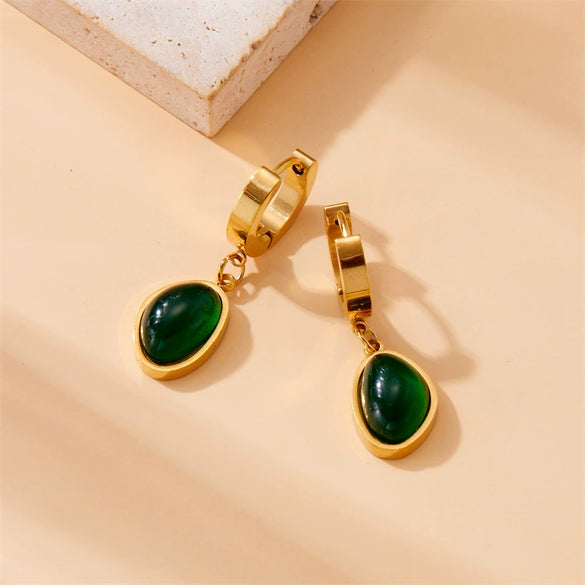 Wholesale Stainless Steel Inlaid Emerald Oval Geometric Pendant Earrings For Women Electroplated Retro Fashion Style