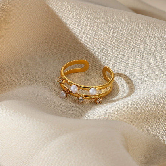 Wholesale Stainless Steel Inlaid Imitation Pearl Geometric Ring Electroplated Jewelry