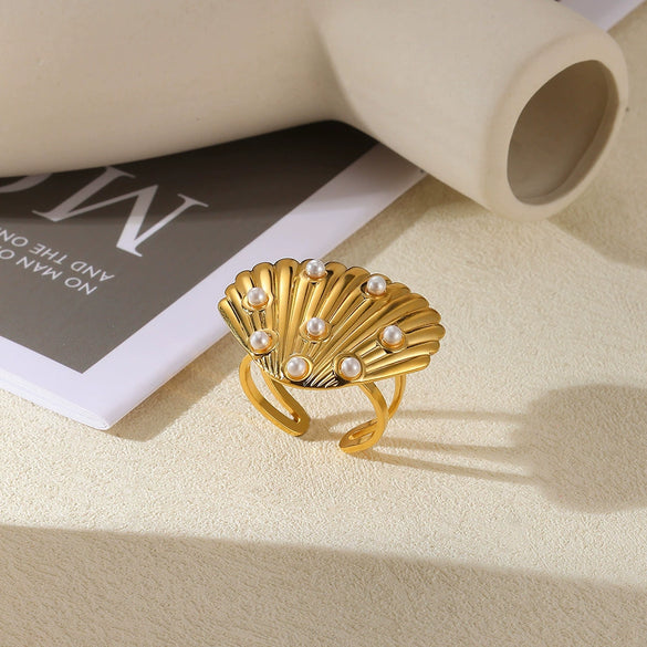 Wholesale Stainless Steel Inlaid Imitation Pearl Geometric Ring Electroplated Jewelry