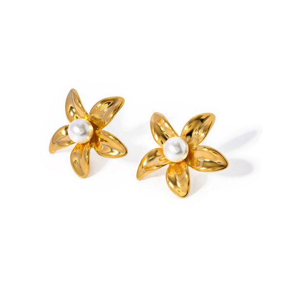 Wholesale Stainless Steel Inlaid Pearl Flower Earrings Jewelry With Electroplating And Ins Style