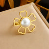 Wholesale Stainless Steel Inlaid Pearl Hollow Flower Electroplated Women's Bracelet Ring
