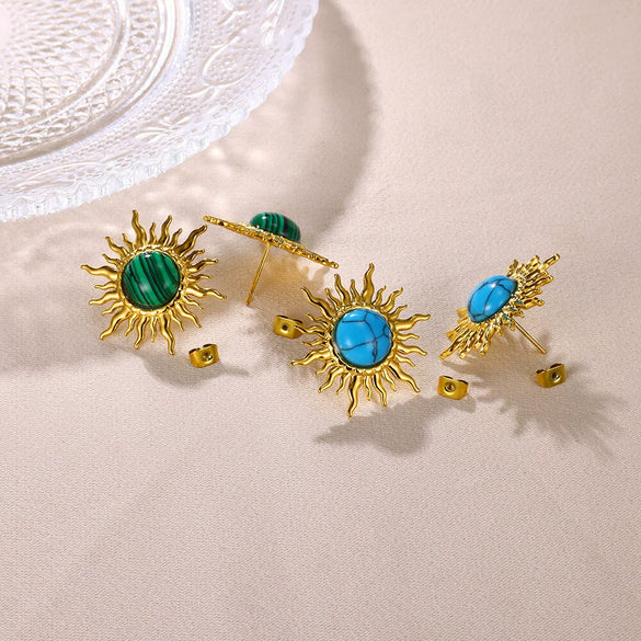 Wholesale Stainless Steel Inlaid Turquoise Sunflower Earrings With Electroplating Treatment For Women