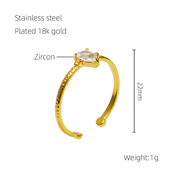 Wholesale Stainless Steel Inlaid Zircon Water Drop Geometric Open Mouth Women's Ring With Electroplating