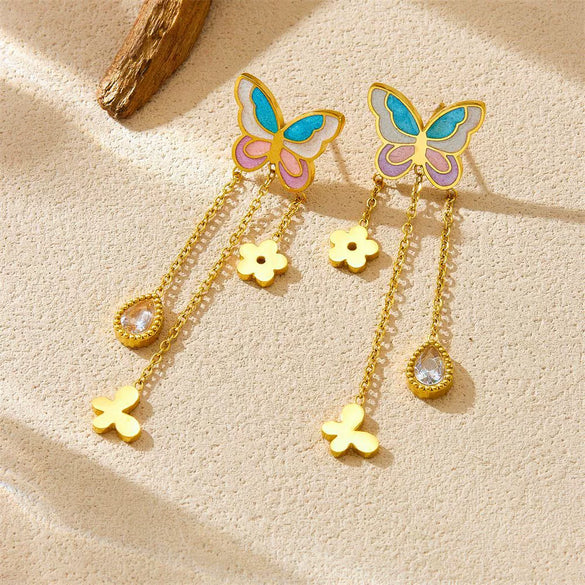 Wholesale Stainless Steel Insect Pattern Electroplated Women's Butterfly Tassel Chain Drop Earrings