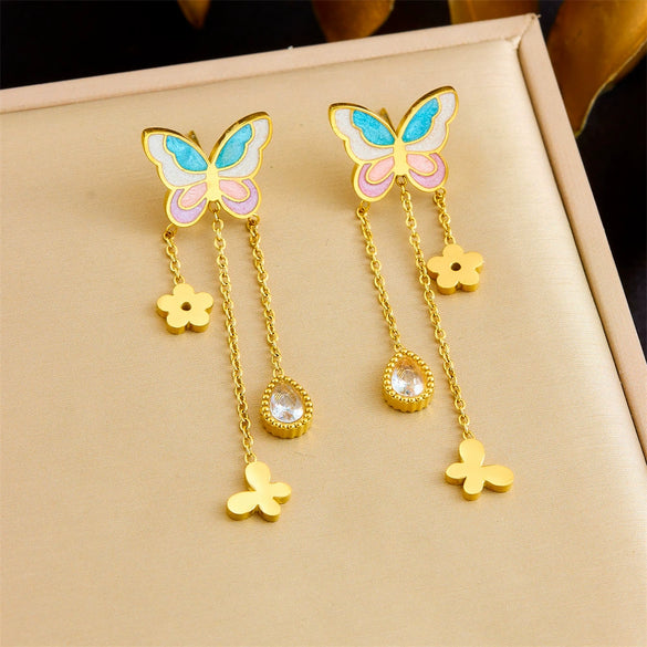 Wholesale Stainless Steel Insect Pattern Electroplated Women's Butterfly Tassel Chain Drop Earrings