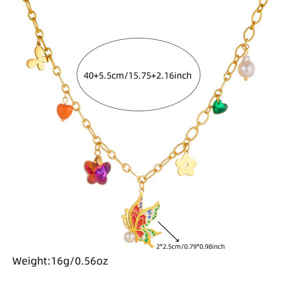Wholesale Stainless Steel Insect Pattern Enamel Color Rhinestone Pendant Necklace With Electroplating For Women