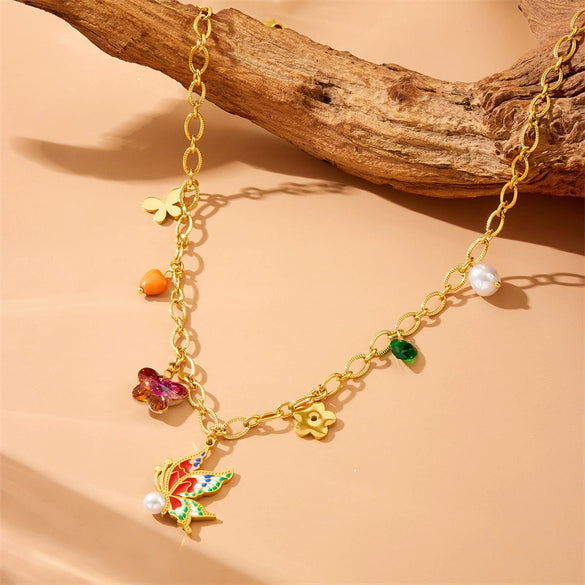 Wholesale Stainless Steel Insect Pattern Enamel Color Rhinestone Pendant Necklace With Electroplating For Women