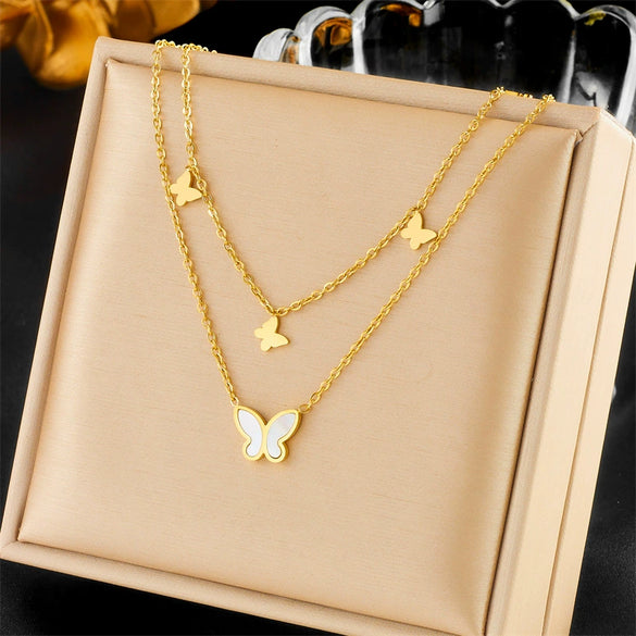 Wholesale Stainless Steel Insect Style Double Layer Glossy Shell Butterfly Pendant Necklace With Electroplating Treatment For Women