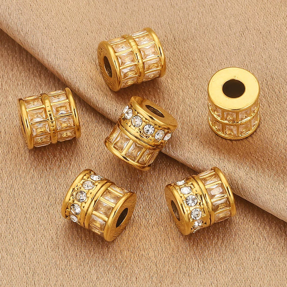 Wholesale Stainless Steel Jewelry Accessories Cylindrical Block Beads With 18K Gold Plating And Hao Stone Inlay Handmade