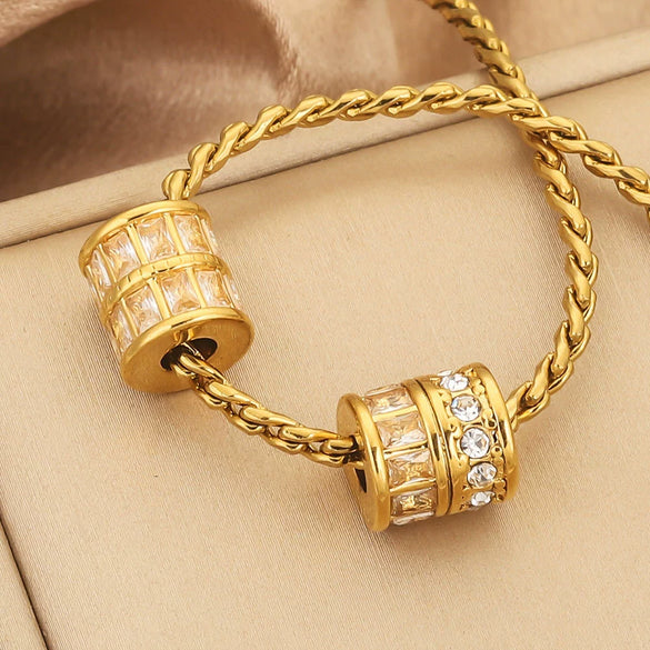 Wholesale Stainless Steel Jewelry Accessories Cylindrical Block Beads With 18K Gold Plating And Hao Stone Inlay Handmade