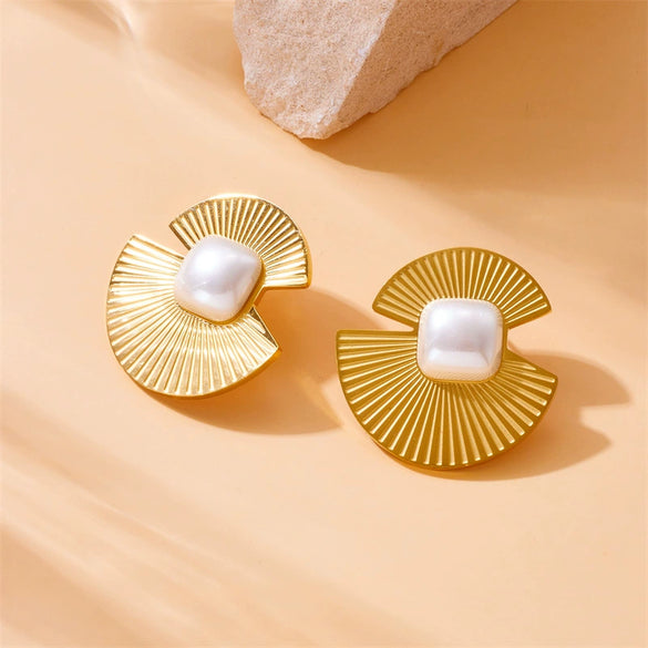 Wholesale Stainless Steel Jewelry Earrings Retro Fashion Metal Fan Box Pearl Accessories Electroplated For Women