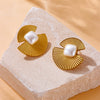 Wholesale Stainless Steel Jewelry Earrings Retro Fashion Metal Fan Box Pearl Accessories Electroplated For Women