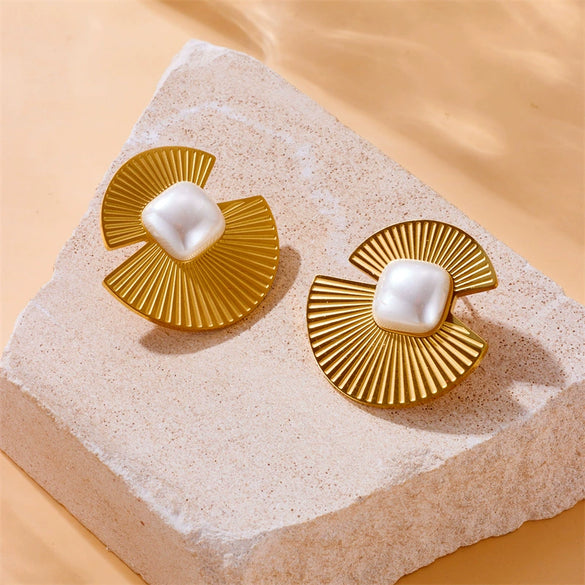Wholesale Stainless Steel Jewelry Earrings Retro Fashion Metal Fan Box Pearl Accessories Electroplated For Women