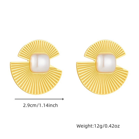 Wholesale Stainless Steel Jewelry Earrings Retro Fashion Metal Fan Box Pearl Accessories Electroplated For Women