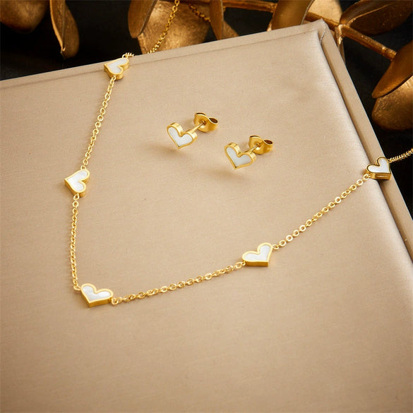 Wholesale Stainless Steel Jewelry Love Water Drops Bells Pattern Goldplated Bracelet Earrings Necklace Set For Women
