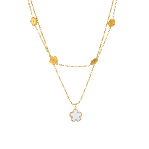 Wholesale Stainless Steel Jewelry Necklace Goldplated Flower Double Chain Retro Fashion Style