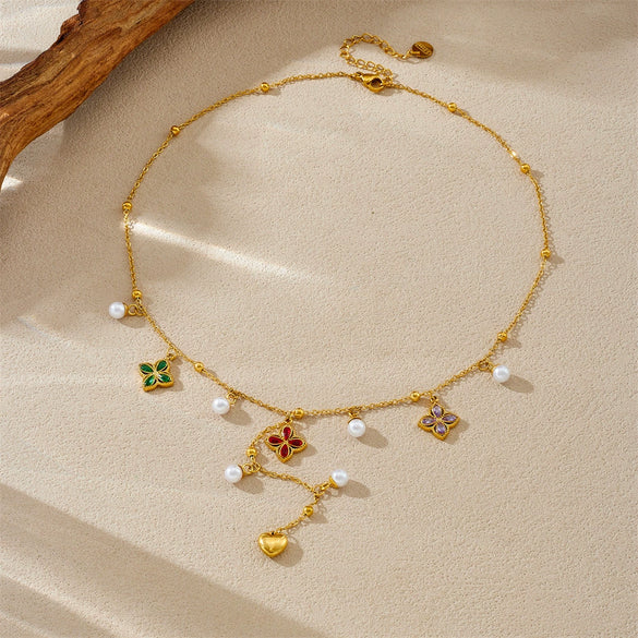 Wholesale Stainless Steel Jewelry Necklace With Flower Rhombus Pendant Electroplating For Women
