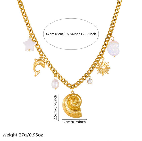 Wholesale Stainless Steel Jewelry Necklace With Goldplated Conch Sun Pearl Dolphin Pendant And O Word Chain Ins Style Animal Design