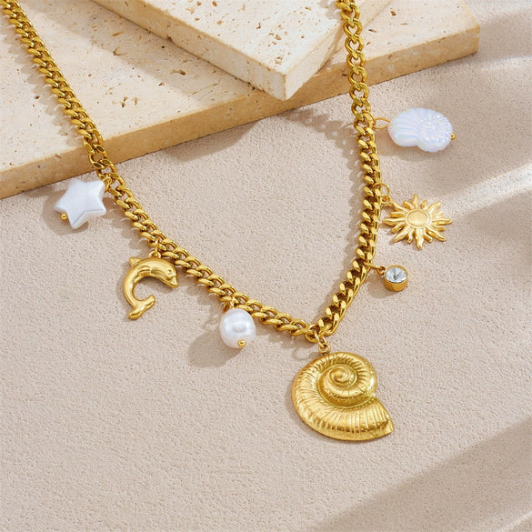 Wholesale Stainless Steel Jewelry Necklace With Goldplated Conch Sun Pearl Dolphin Pendant And O Word Chain Ins Style Animal Design