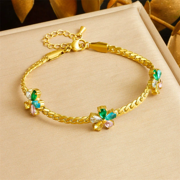 Wholesale Stainless Steel Jewelry Plants And Flowers Pattern Electroplated Women's Finger Bracelet Necklace