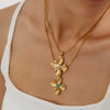 Wholesale Stainless Steel Jewelry Set For Women Retro Light Luxury Snake Bone Chain Petal Necklace Earrings Inlay Turquoise