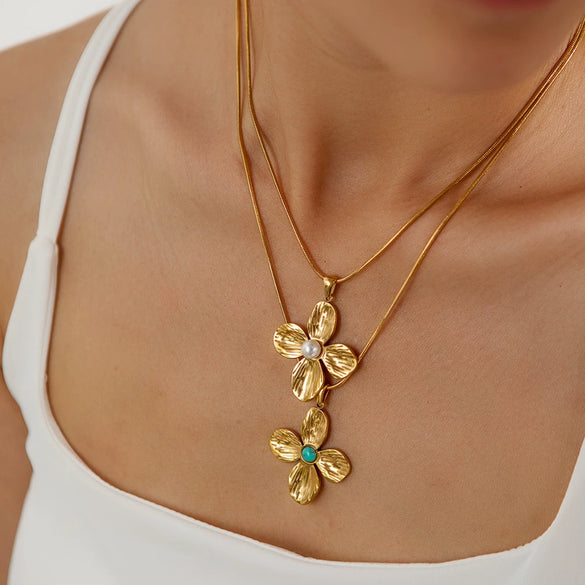 Wholesale Stainless Steel Jewelry Set For Women Retro Light Luxury Snake Bone Chain Petal Necklace Earrings Inlay Turquoise