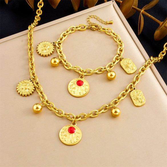Wholesale Stainless Steel Jewelry Set Multielement Round Sun Pendant Electroplated For Women Necklace Bracelet
