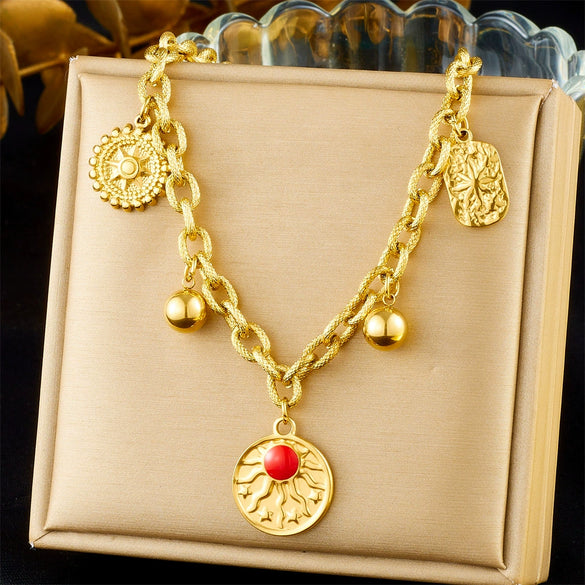 Wholesale Stainless Steel Jewelry Set Multielement Round Sun Pendant Electroplated For Women Necklace Bracelet