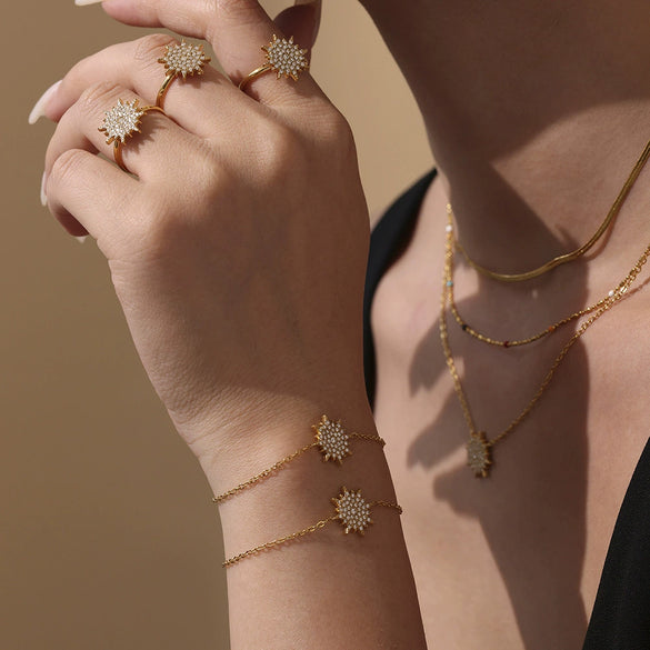 Wholesale Stainless Steel Jewelry Set With 5A Zircon Sunburst Design Electroplating For Women