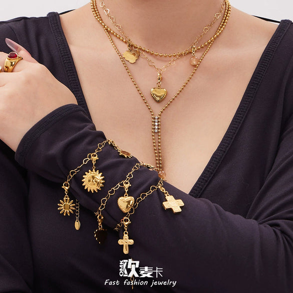 Wholesale Stainless Steel Jewelry Set With Cross Crown Roman Numerals Electroplated Necklaces And Bracelets For Women
