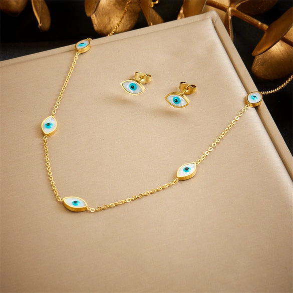 Wholesale Stainless Steel Jewelry Set With Electroplating Blue Eye Pattern Retro Fashion For Women Earrings Necklace Bracelet