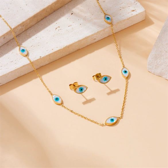 Wholesale Stainless Steel Jewelry Set With Electroplating Blue Eye Pattern Retro Fashion For Women Earrings Necklace Bracelet
