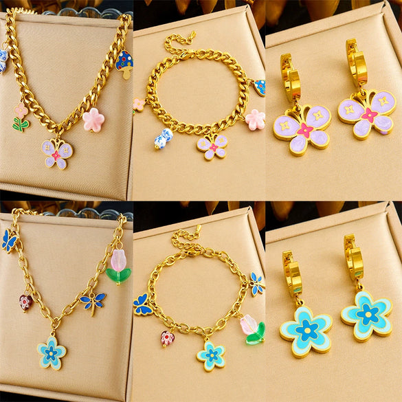 Wholesale Stainless Steel Jewelry Set With Goldplated Thick O Chain And Colorful Oil Dripping Flower Butterfly Pendant Electroplated Women's Style
