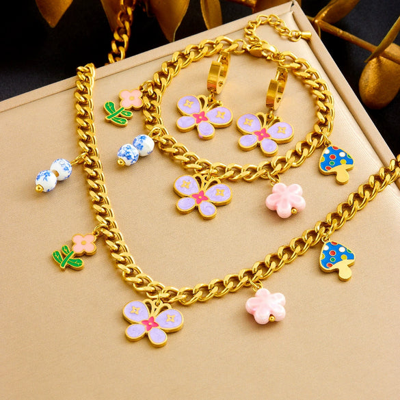 Wholesale Stainless Steel Jewelry Set With Goldplated Thick O Chain And Colorful Oil Dripping Flower Butterfly Pendant Electroplated Women's Style