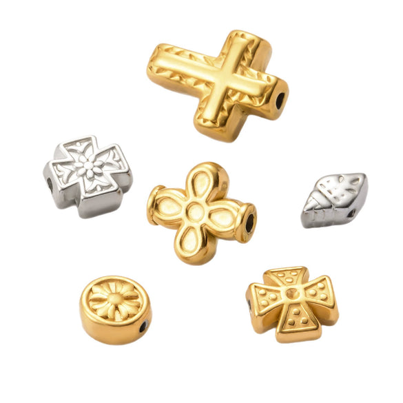 Wholesale Stainless Steel Jewelry Spacer Beads Accessories With Retro Cross Round Flower Conch Pattern And Colorpreserving Casting Electroplating Process