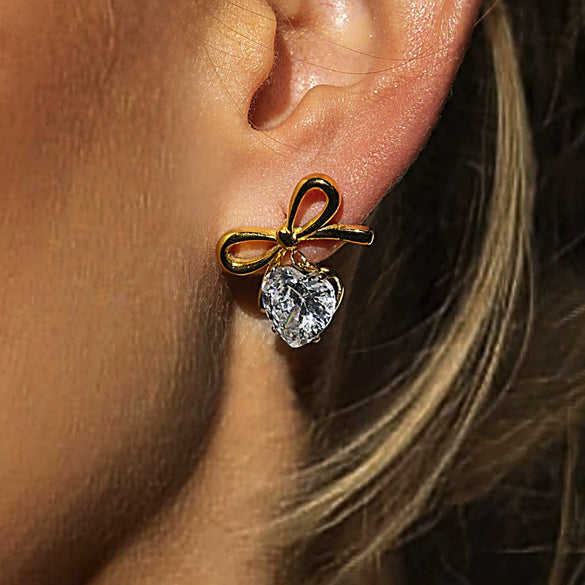 Wholesale Stainless Steel Jewelry With Bow Design Geometric Pattern Electroplated Zircon Earrings And Titanium Steel Ring For Women