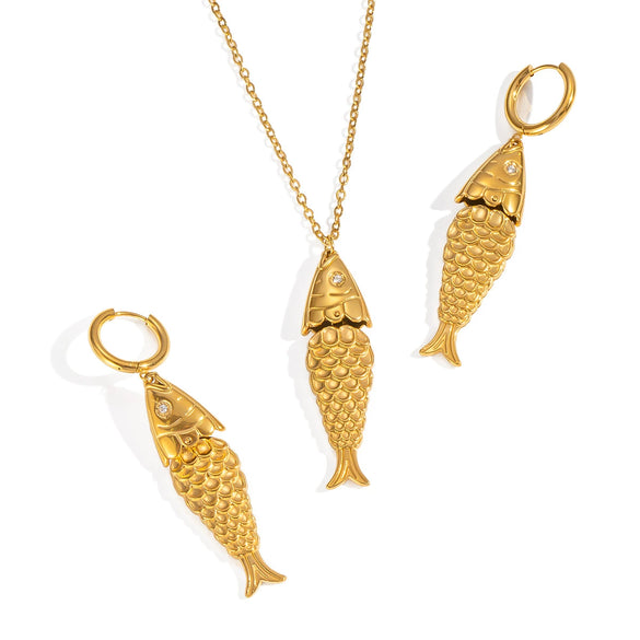 Wholesale Stainless Steel Jewelry With Koi Fish Pattern Electroplated Necklace And Earrings For Women