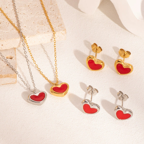 Wholesale Stainless Steel Jewelry With Love Pattern Lovely Style Pvd Furnace Vacuum Real Gold Plating O Word Chain Necklace And Earrings Set