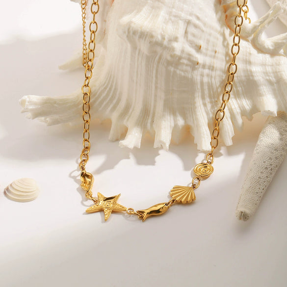 Wholesale Stainless Steel Jewelry With Ocean Wind Conch Hammer Pattern Starfish Small Fish French Retro Style Electroplating Process