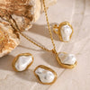Wholesale Stainless Steel Jewelry With Pearl Exaggerated Ring Necklace And Ear Studs Geometric Style With Electroplating