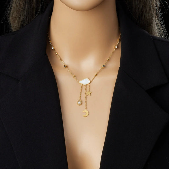 Wholesale Stainless Steel Jewelry With Star Shape And Geometric Pattern Long Tassel Earrings And Necklace Electroplated For Women
