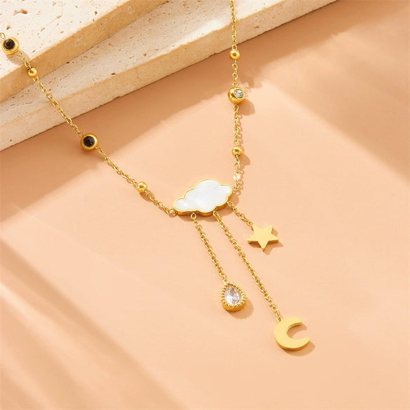 Wholesale Stainless Steel Jewelry With Star Shape And Geometric Pattern Long Tassel Earrings And Necklace Electroplated For Women
