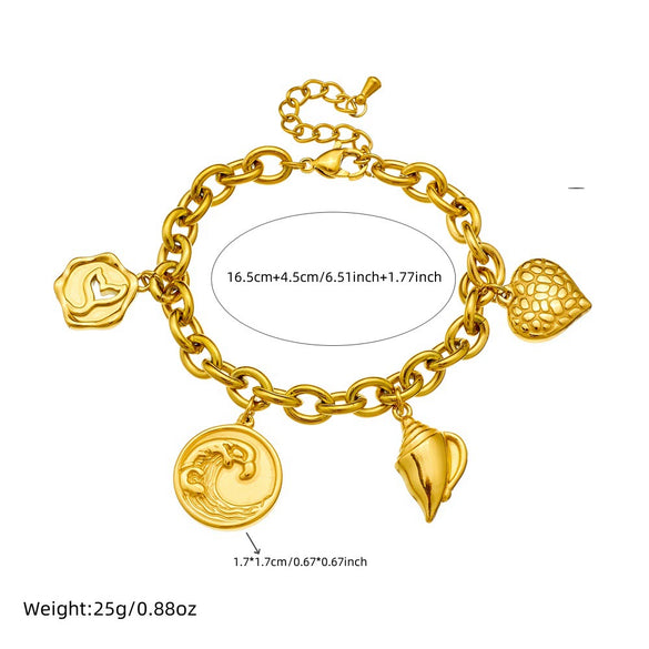 Wholesale Stainless Steel Jewelry Women's Bracelet With Goldplated Retro Fashion Round Plate Wave Conch Fish Tail Pendant And Animal Zodiac Pattern
