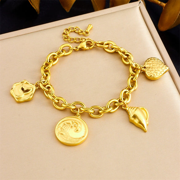 Wholesale Stainless Steel Jewelry Women's Bracelet With Goldplated Retro Fashion Round Plate Wave Conch Fish Tail Pendant And Animal Zodiac Pattern