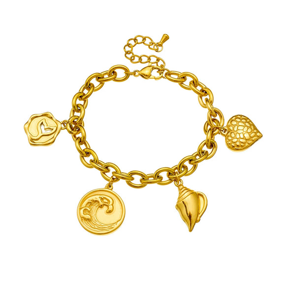 Wholesale Stainless Steel Jewelry Women's Bracelet With Goldplated Retro Fashion Round Plate Wave Conch Fish Tail Pendant And Animal Zodiac Pattern