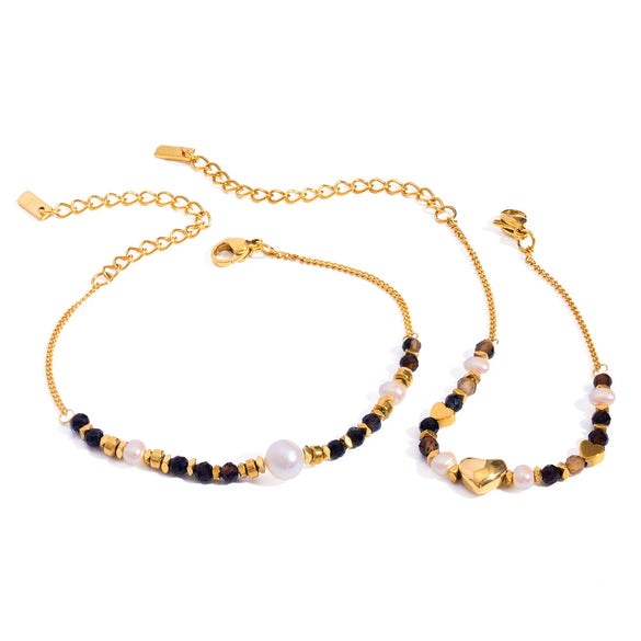 Wholesale Stainless Steel Jewelry Women's Original Design Geometric Fashion Bracelet With Pearl Inlaid Natural Stone And Electroplating Treatment
