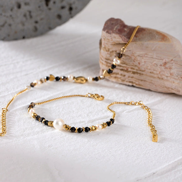 Wholesale Stainless Steel Jewelry Women's Original Design Geometric Fashion Bracelet With Pearl Inlaid Natural Stone And Electroplating Treatment